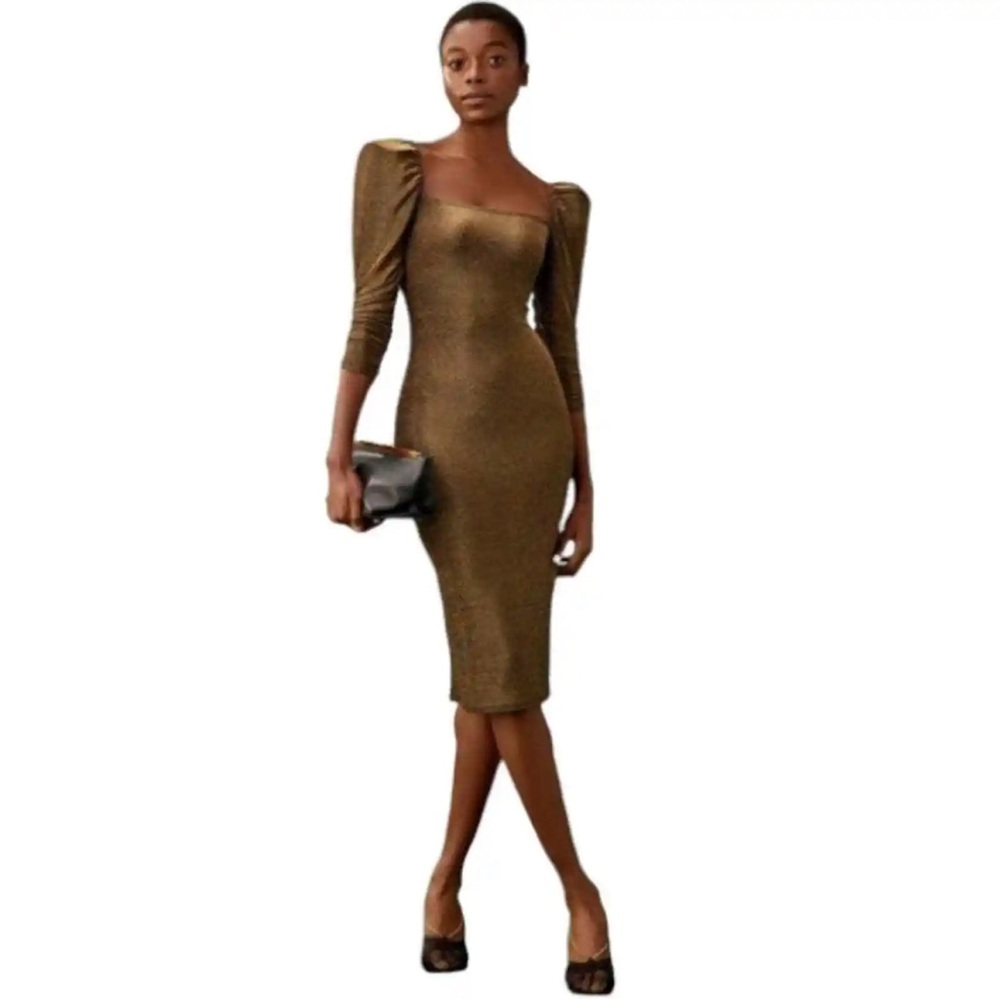 Reformation gold glitter shimmer Rahm Dress stretchy size small NWT
